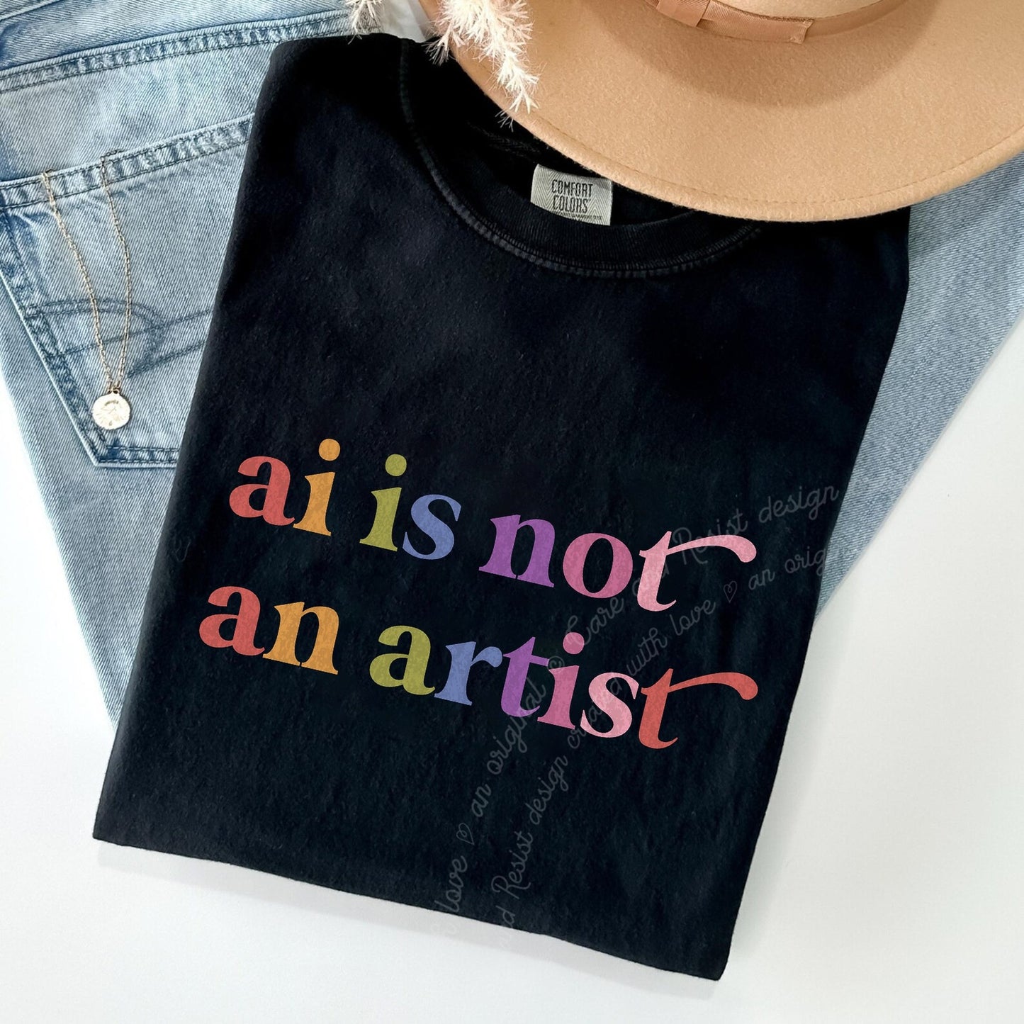 Ai is not an Artist Care & Resist rainbow Comfort Colors tee, Black