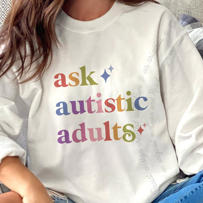 Ask Autistic Adults Care & Resist Gildan crewneck sweatshirt in White