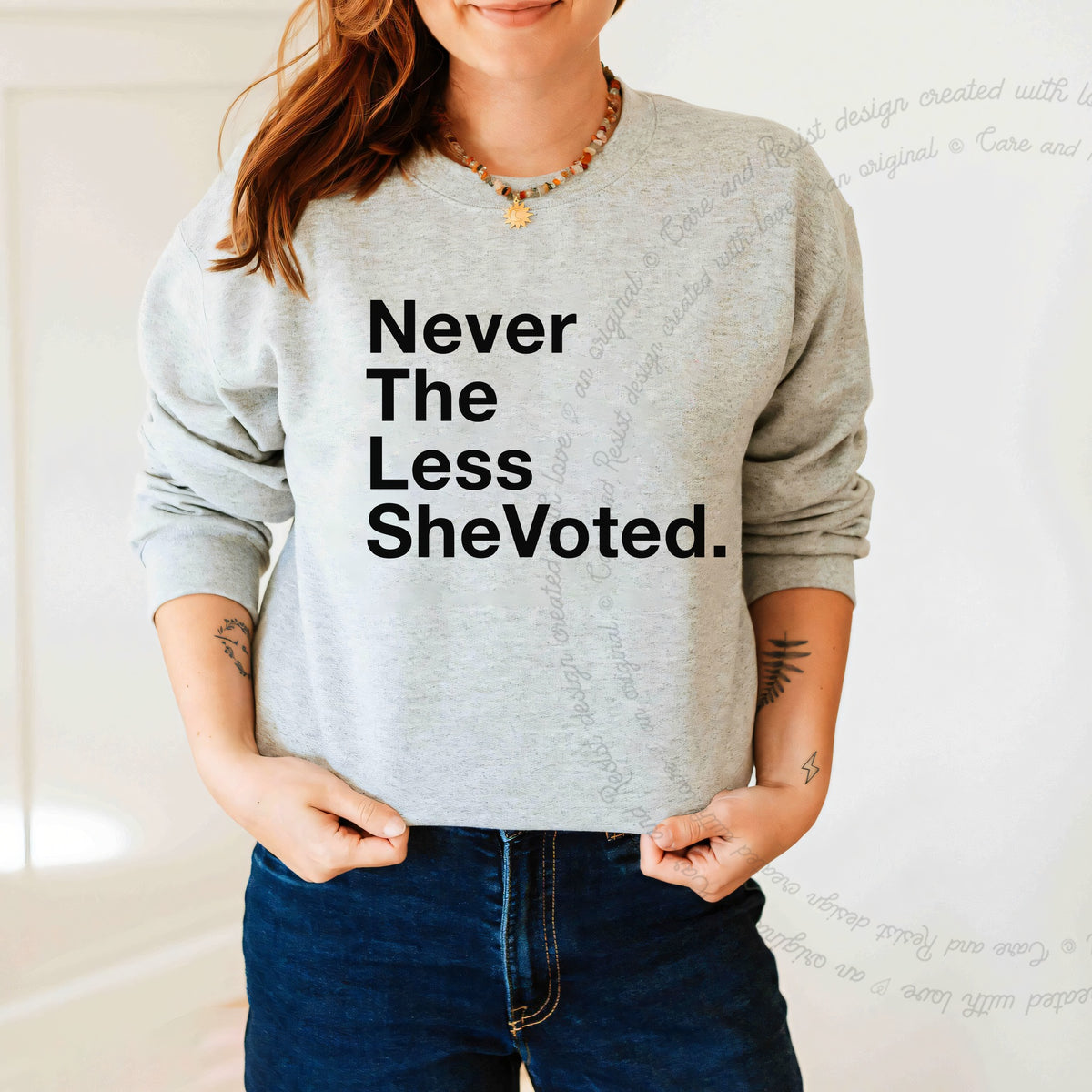 Nevertheless She Voted Care & Resist Gildan crewneck sweatshirt in Sport Grey