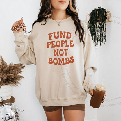 Fund People not Bombs Stacked Care & Resist Gildan crewneck sweatshirt in Sand