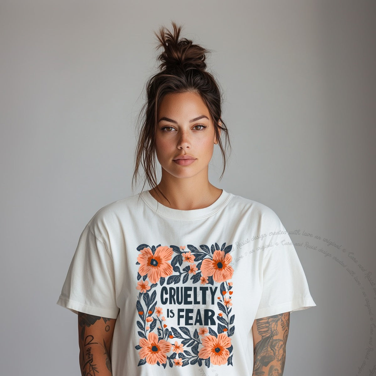 Cruelty Is Fear Care & Resist progressive t-shirt in Ivory