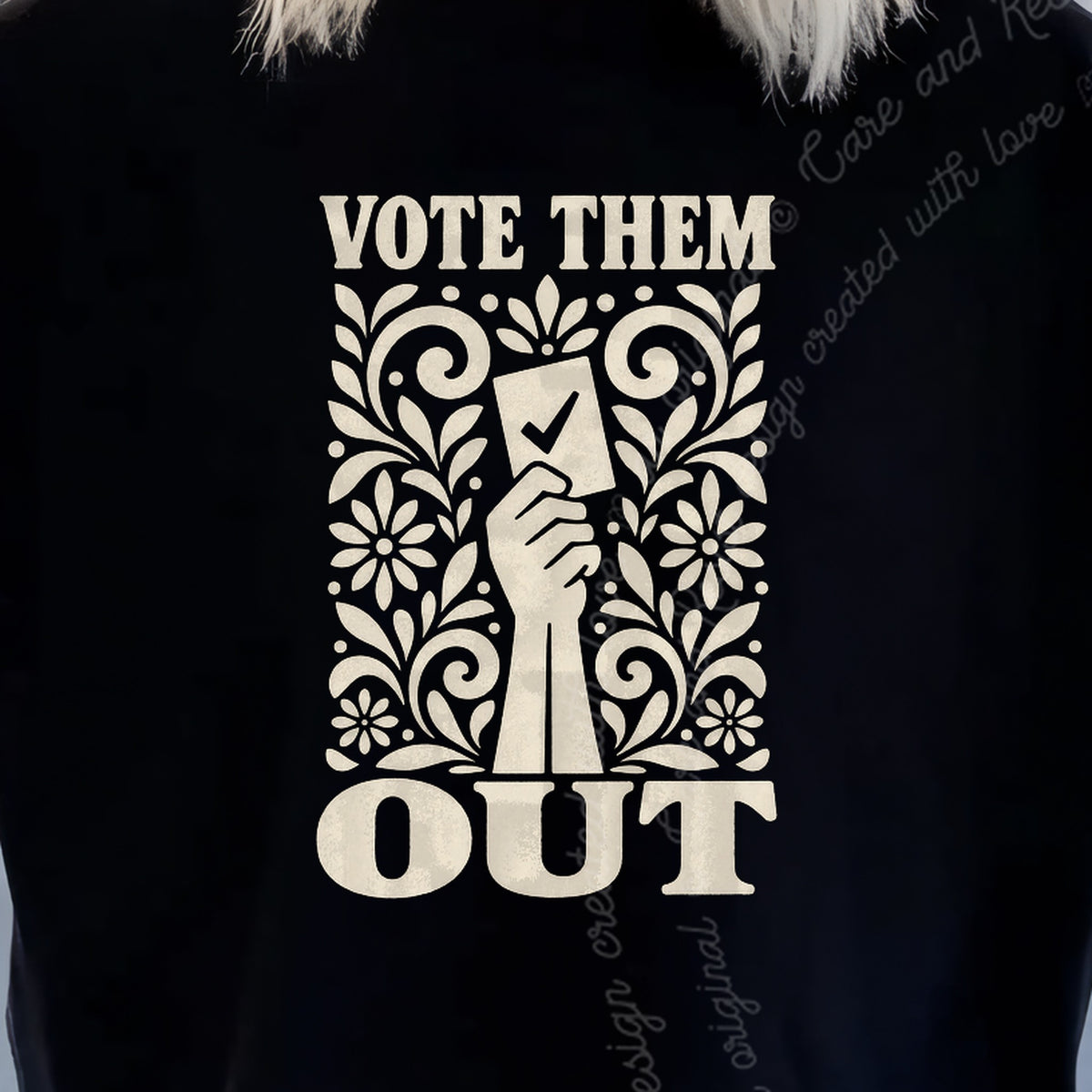 Vote Them Out Ballot Linocut Care & Resist progressive t-shirt in Black