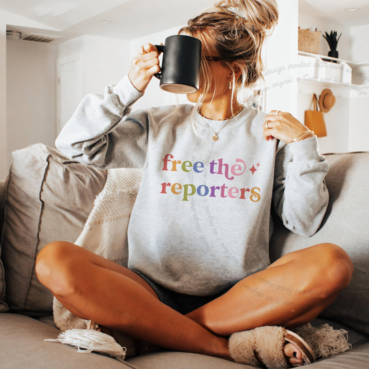 Free the Reporters Care & Resist Gildan crewneck sweatshirt in Sport Grey
