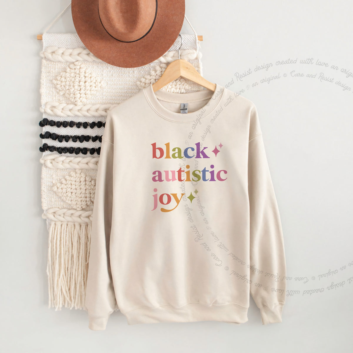 Black Autistic Joy Care & Resist Gildan crewneck sweatshirt in Sand