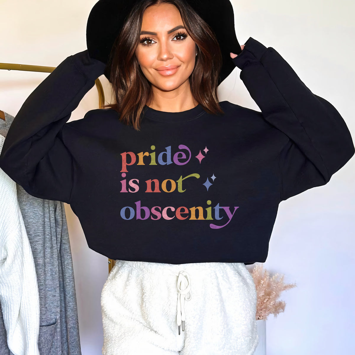 Pride is not Obscenity Care & Resist Gildan crewneck sweatshirt in Black