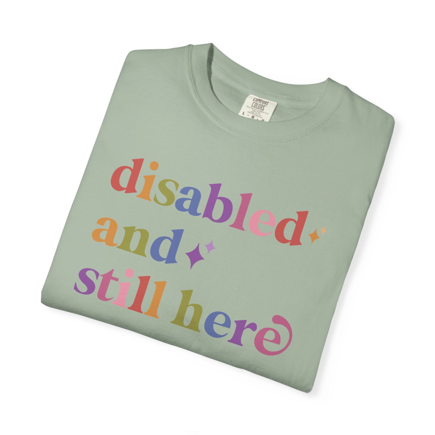Disabled and Still Here Care & Resist rainbow Comfort Colors tee