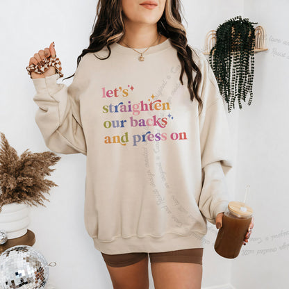 Let's Straighten Our Backs and Press On Care & Resist Gildan crewneck sweatshirt in Sand