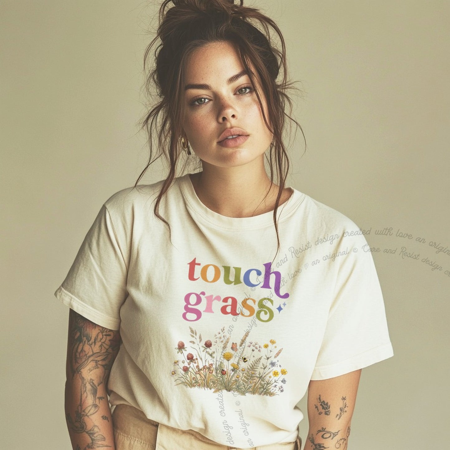 Touch Grass Care & Resist rainbow Comfort Colors tee, Ivory