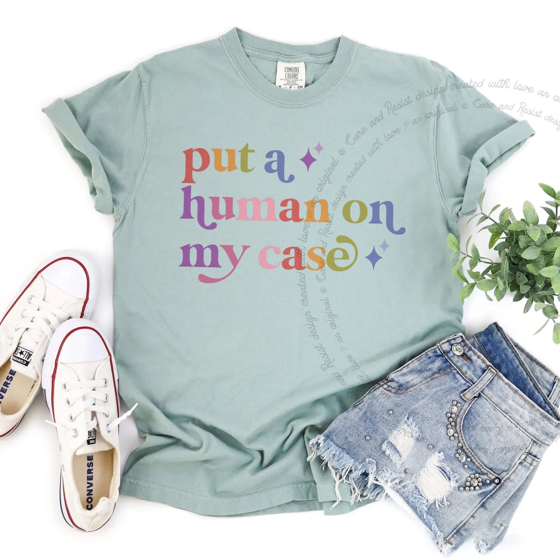 Put a Human on My Case Care & Resist rainbow Comfort Colors tee, Bay