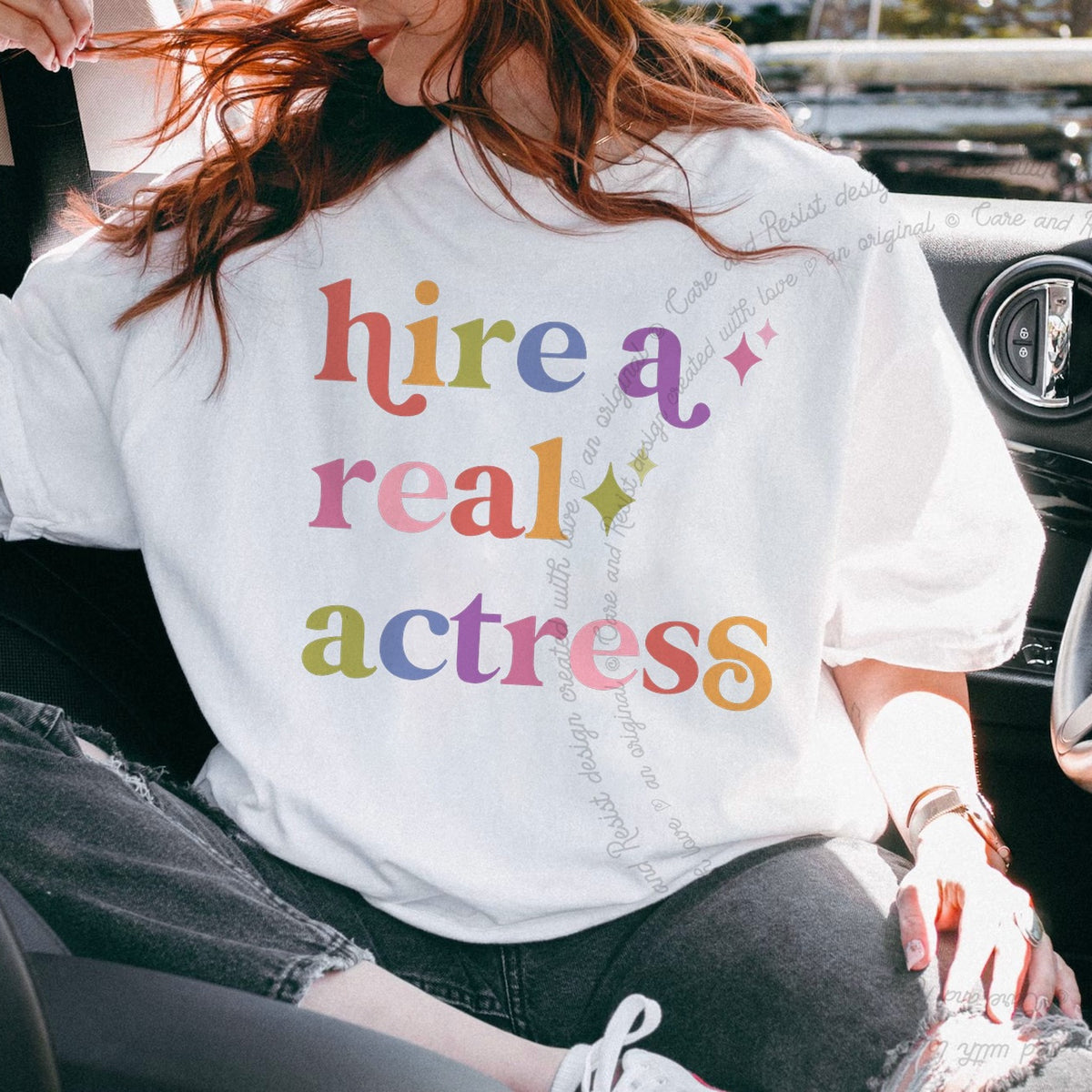 Hire a Real Actress Care & Resist progressive t-shirt in White