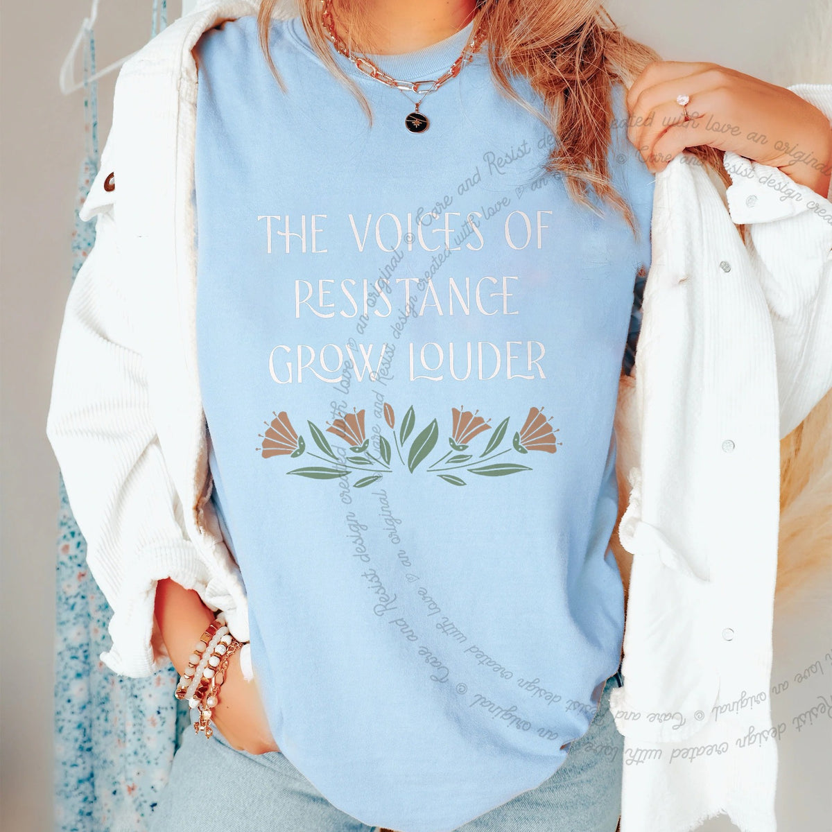 The Voices of Resistance Grow Louder Care & Resist progressive t-shirt in Chambray