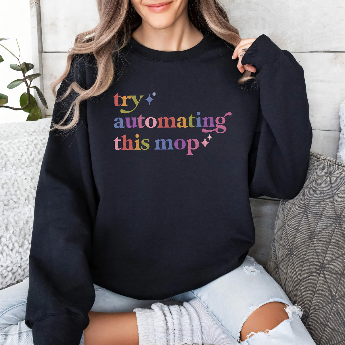 Try Automating This Mop Care & Resist Gildan crewneck sweatshirt in Black