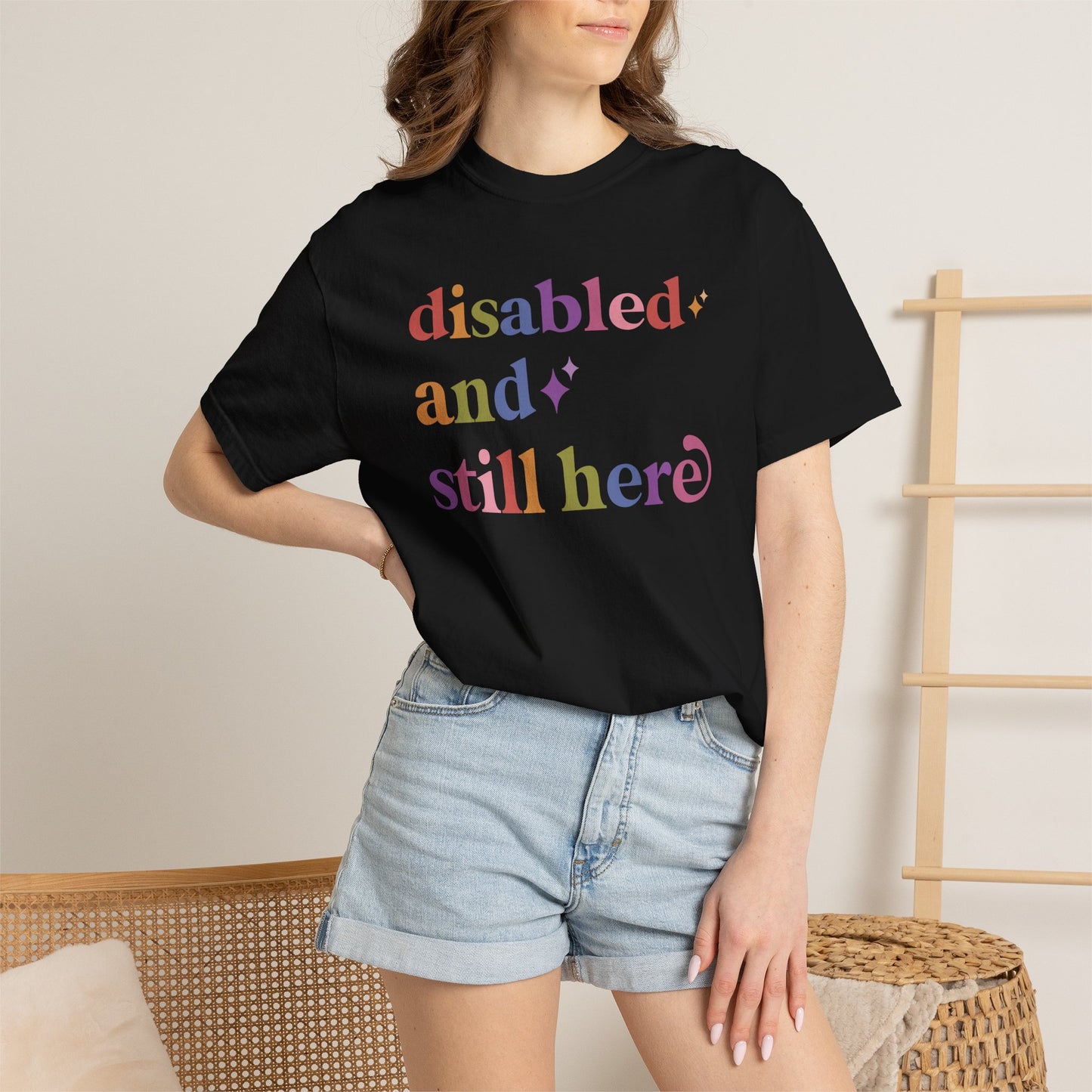 Disabled and Still Here Care & Resist rainbow Comfort Colors tee