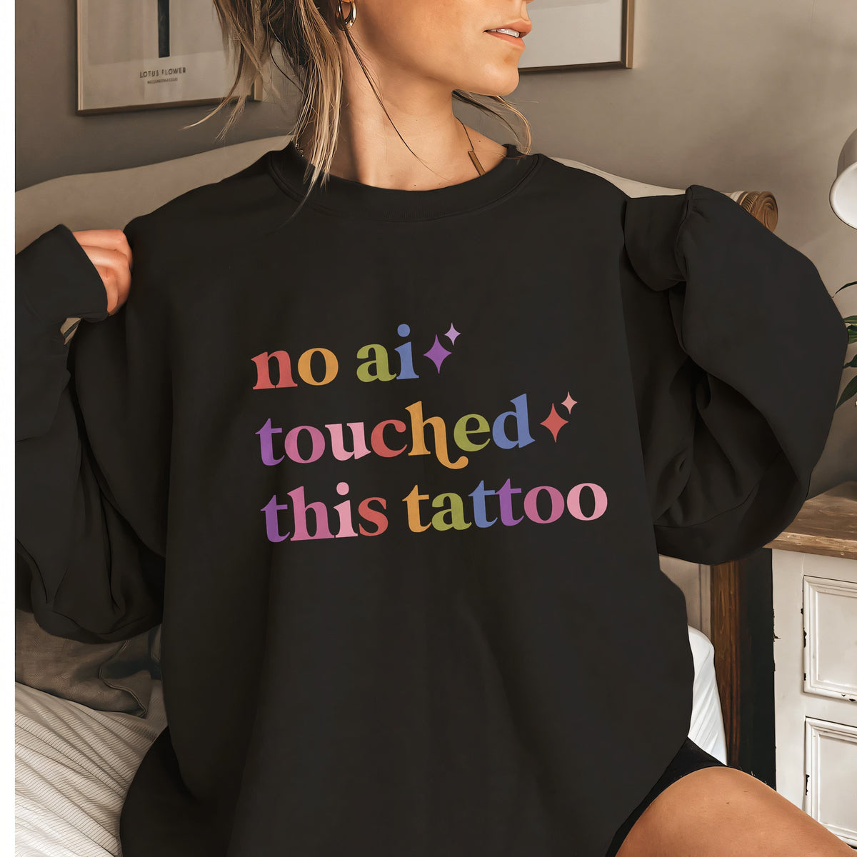 No Ai Touched This Tattoo Care & Resist Gildan crewneck sweatshirt in Black