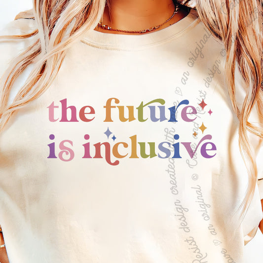 The Future is Inclusive Care & Resist tee in Ivory, close-up of the lettering