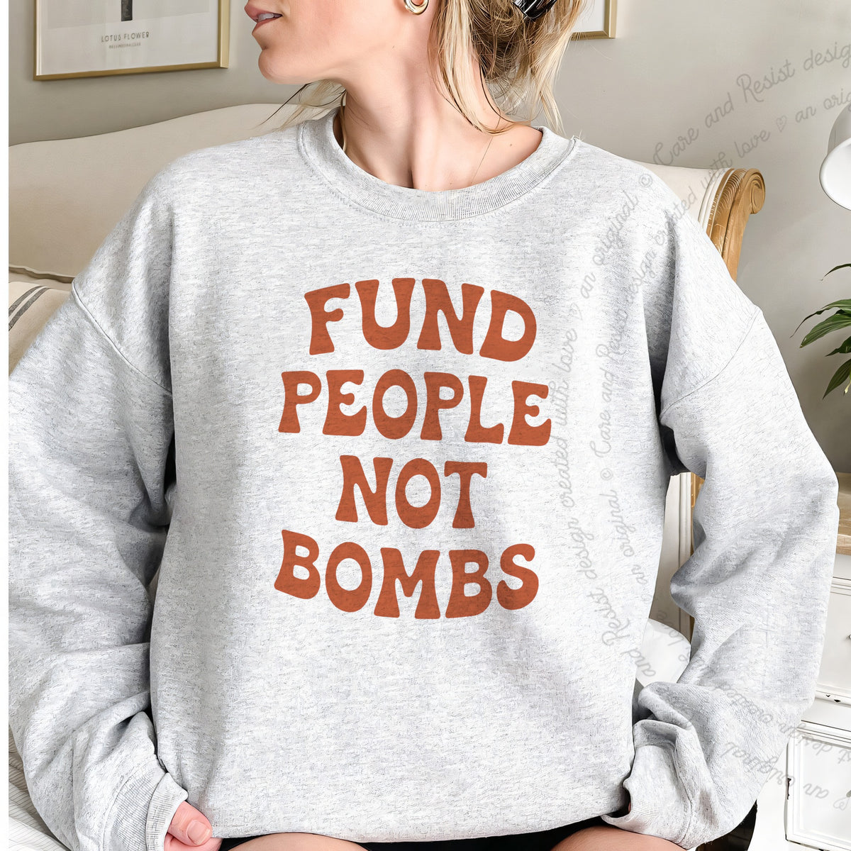 Fund People not Bombs Stacked Care & Resist Gildan crewneck sweatshirt in Sport Grey