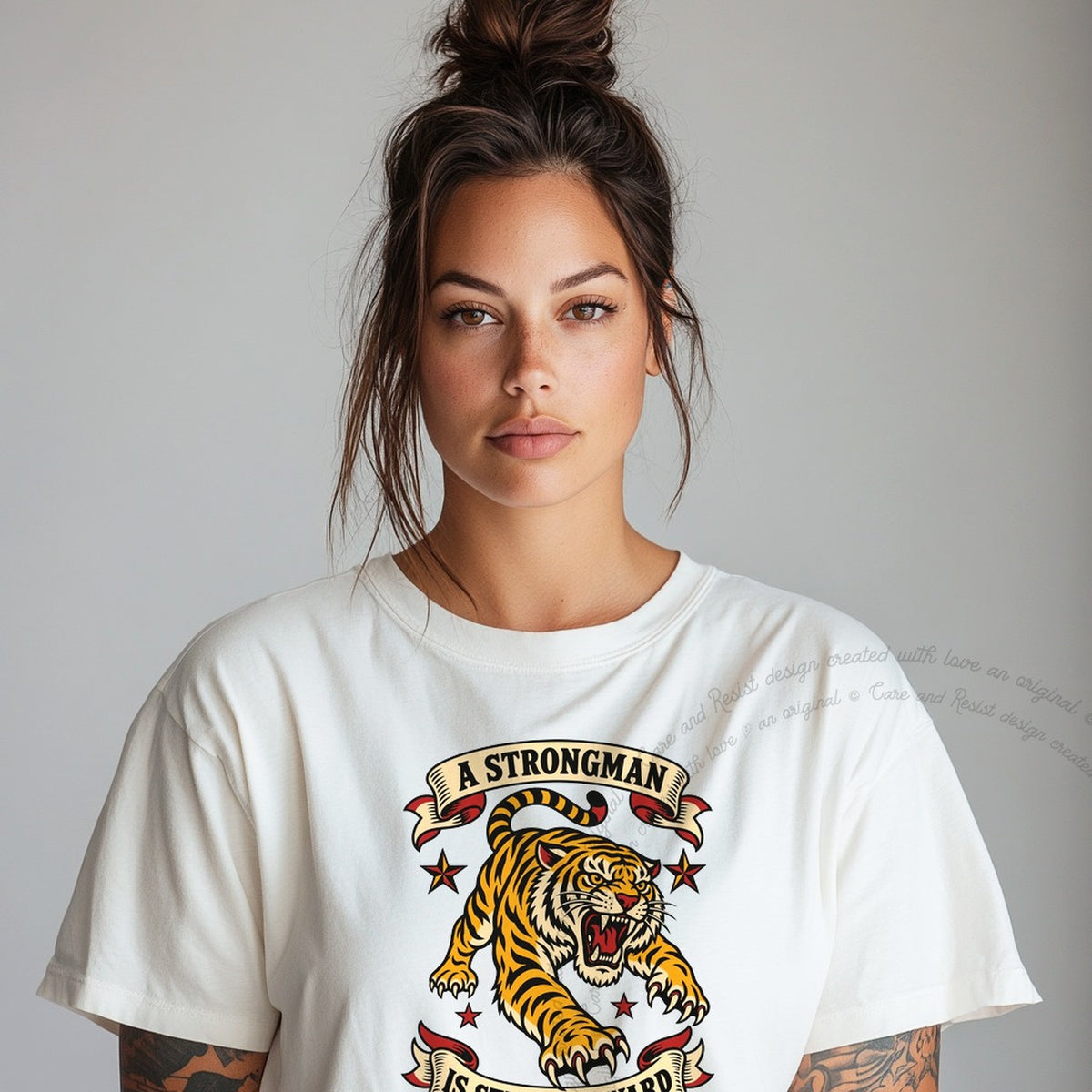 A Strongman is Still a Coward Tiger Care & Resist progressive t-shirt in White
