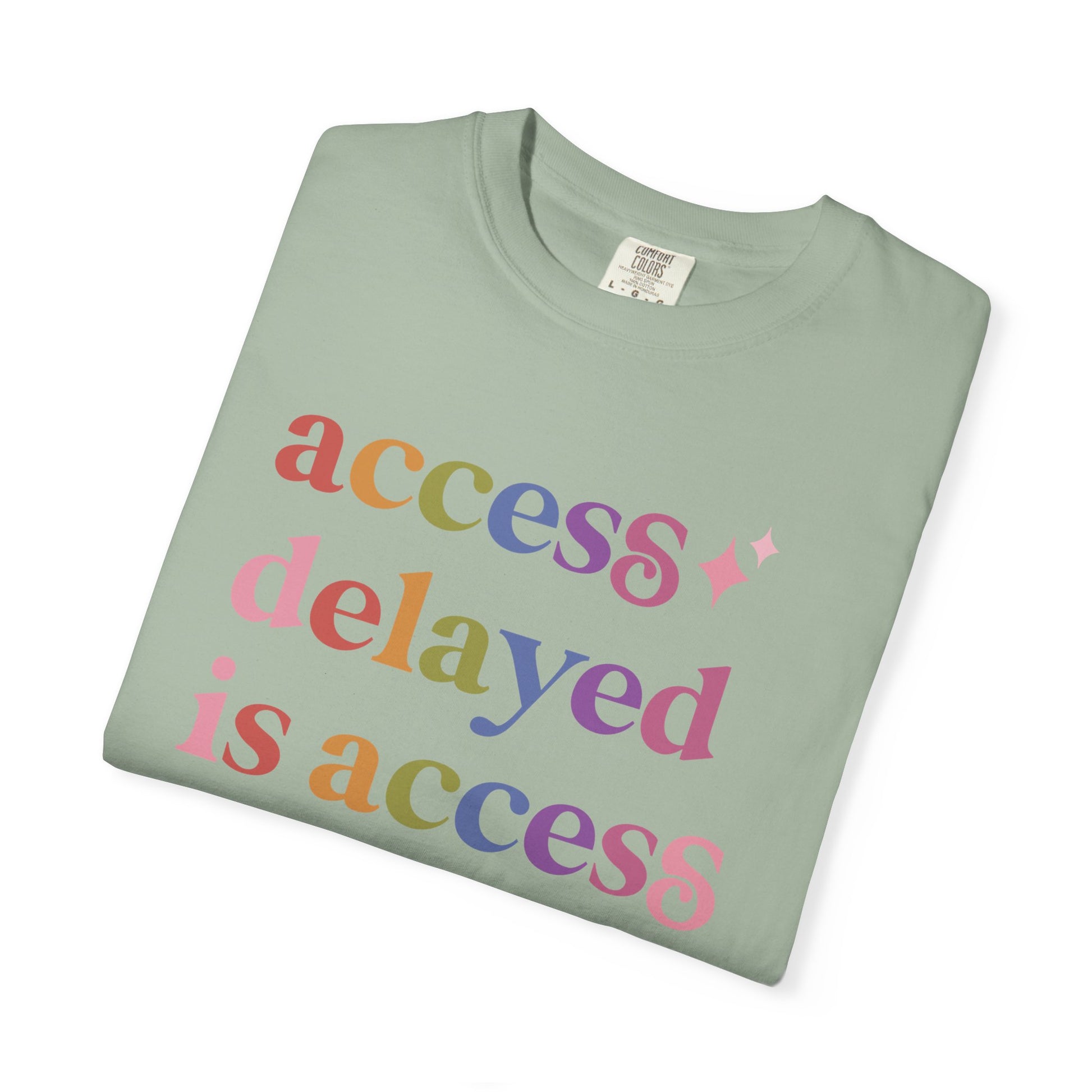 Access Delayed is Access Denied Care & Resist rainbow Comfort Colors tee