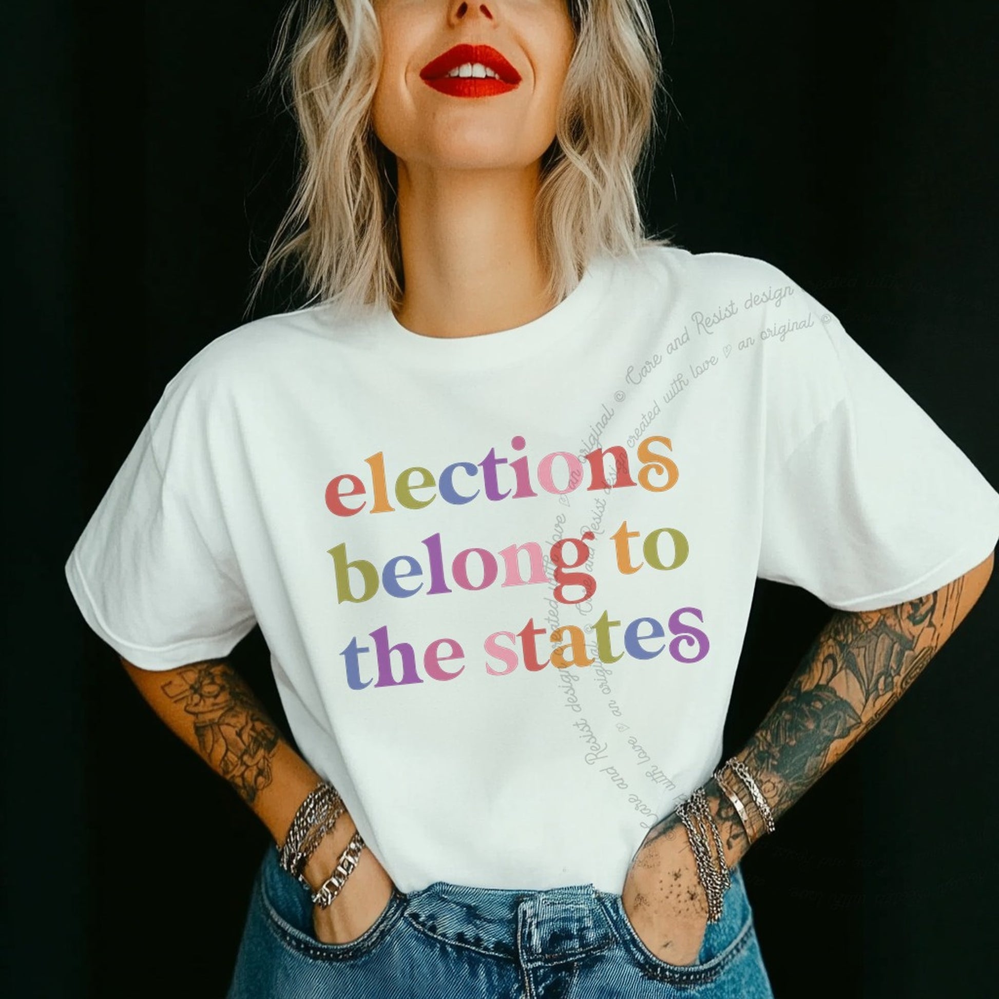 Elections Belong to the States Care & Resist rainbow Comfort Colors tee, White