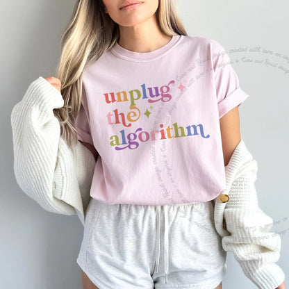 Unplug the Algorithm Care & Resist rainbow Comfort Colors tee, Blossom