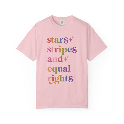 Stars Stripes and Equal Rights Care & Resist rainbow Comfort Colors tee