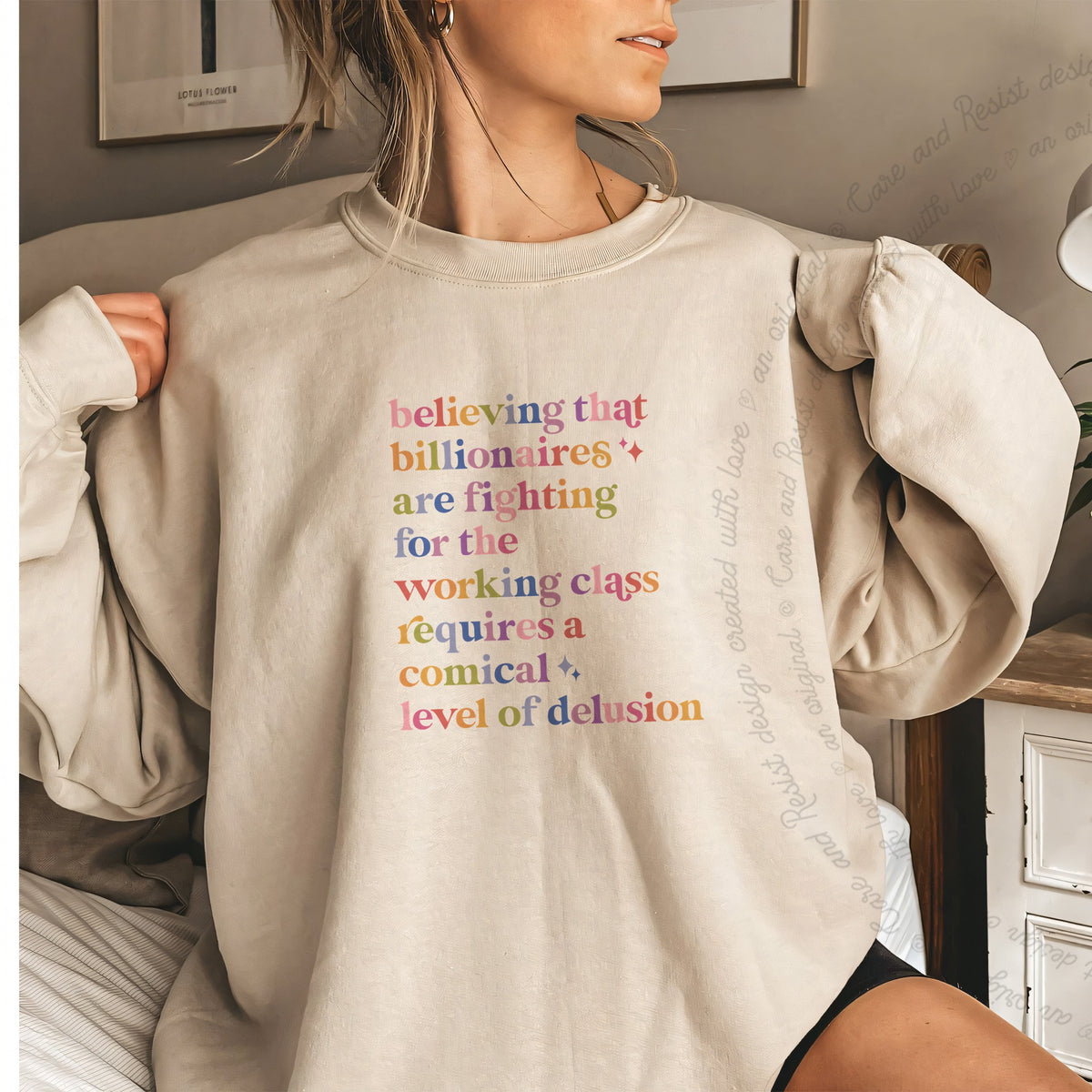Believing That Billionaires Are Fighting for the Working Class Requires a Comical Level of Delusion Care & Resist Gildan crewneck sweatshirt in Sand