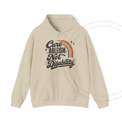 Cure Ableism not Disability Badge Care & Resist Gildan hoodie in Sand