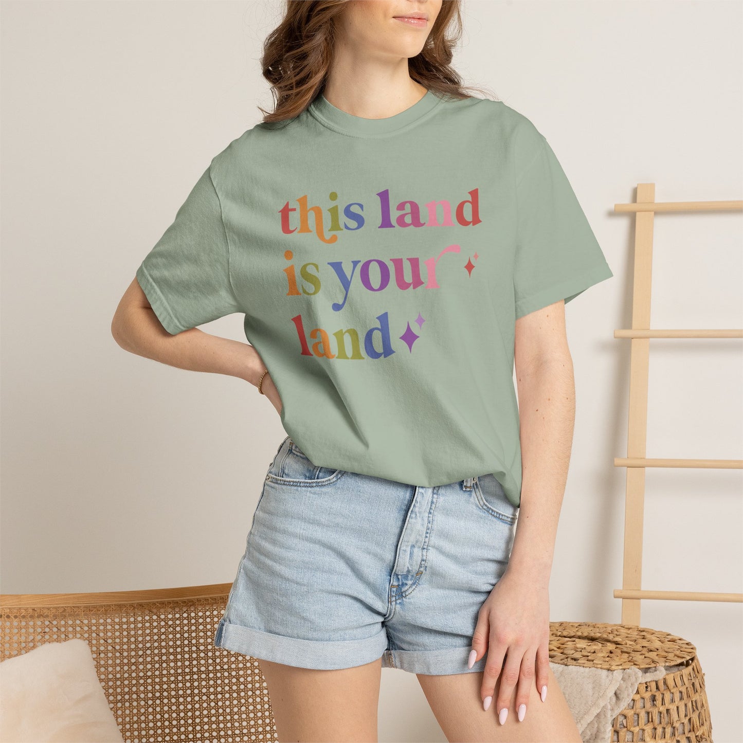 This Land is Your Land Care & Resist rainbow Comfort Colors tee