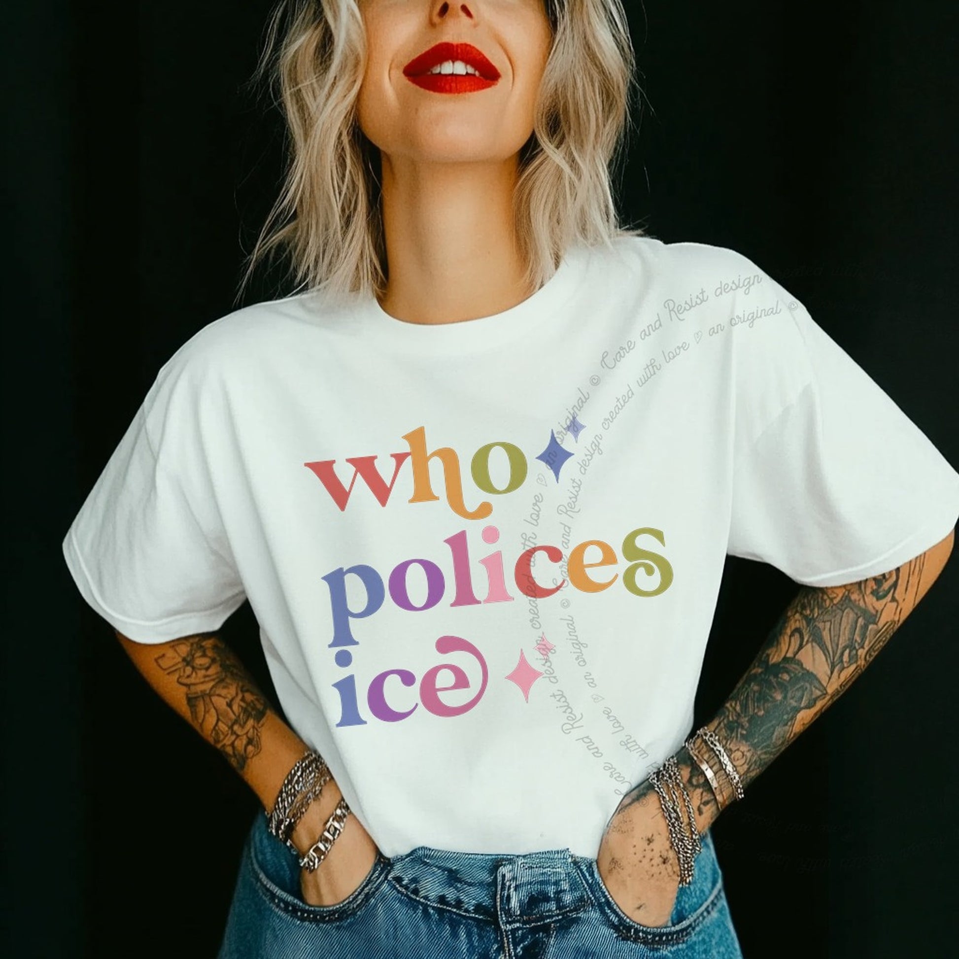 Who Polices Ice Care & Resist rainbow Comfort Colors tee, White
