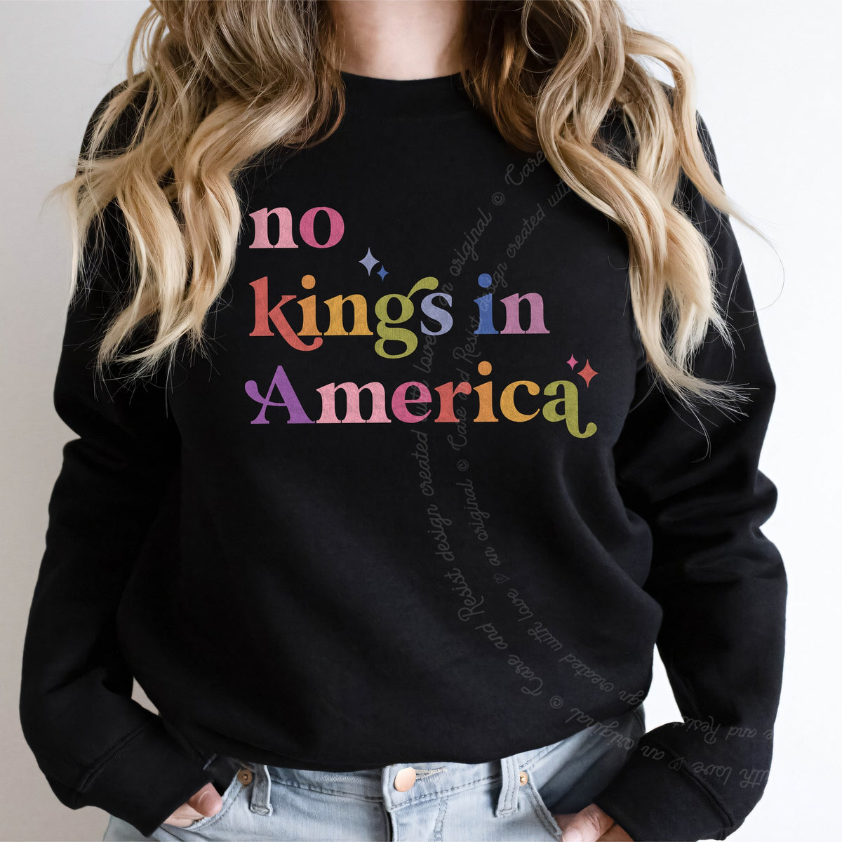 No Kings in America Care & Resist Gildan crewneck sweatshirt in Black