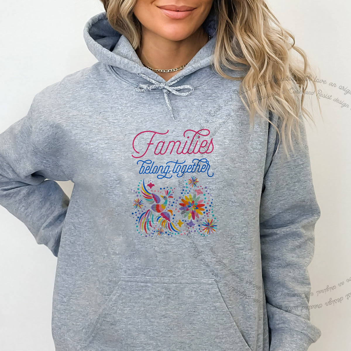 Families Belong Together Rainbow Care & Resist Gildan hoodie in Sport Grey