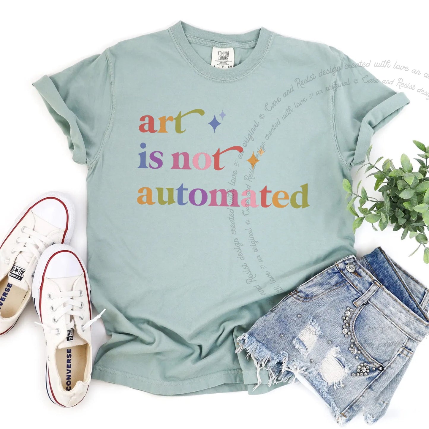 Art is not Automated Care & Resist rainbow Comfort Colors tee, Bay