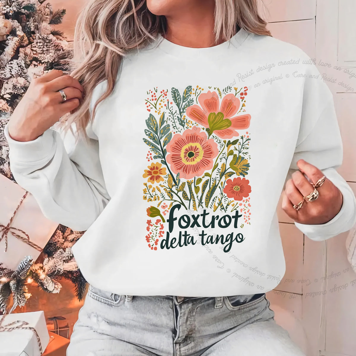 Foxtrot Delta Tango Care & Resist Gildan crewneck sweatshirt in White