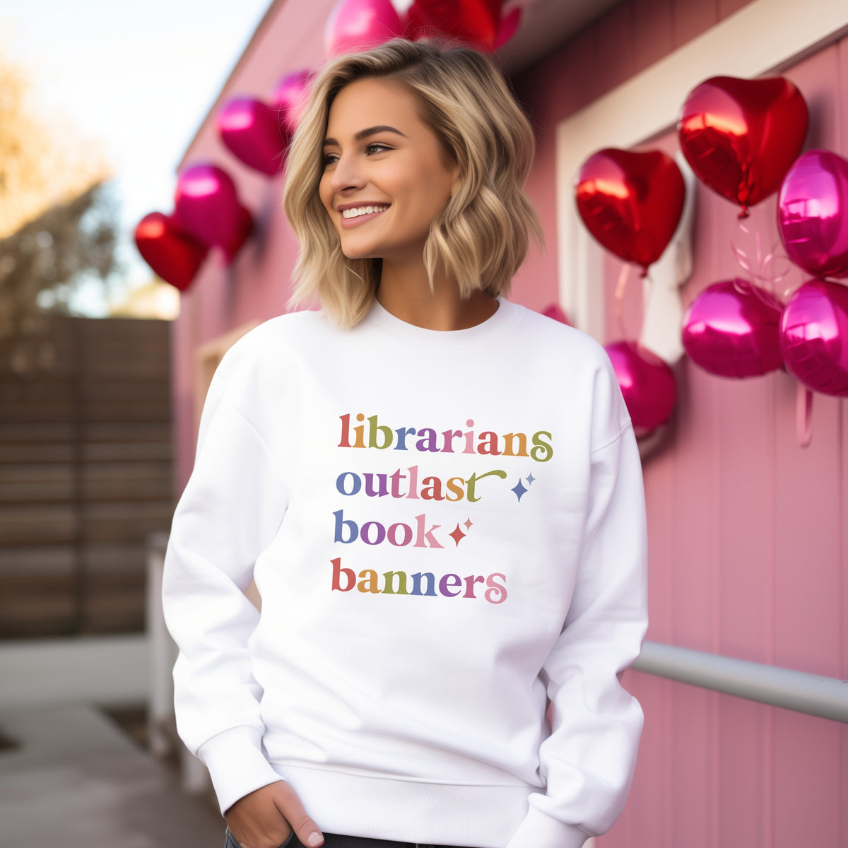 Librarians Outlast Book Banners Care & Resist Gildan crewneck sweatshirt in White