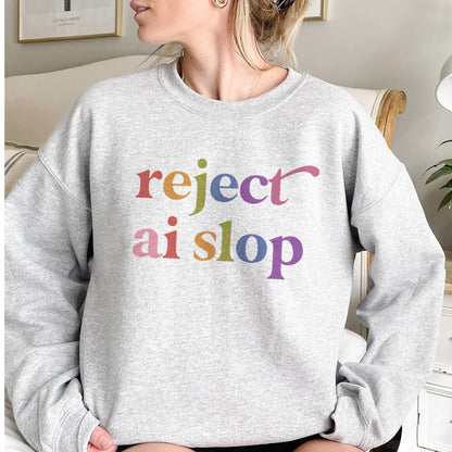 Reject AI Slop Care & Resist Gildan crewneck sweatshirt in Sport Grey