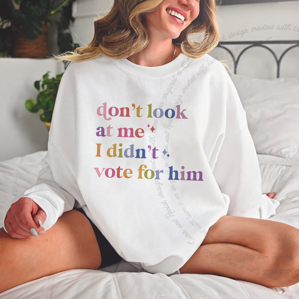 Don't Look At Me, I Didn't Vote for Him Care & Resist Gildan crewneck sweatshirt in White