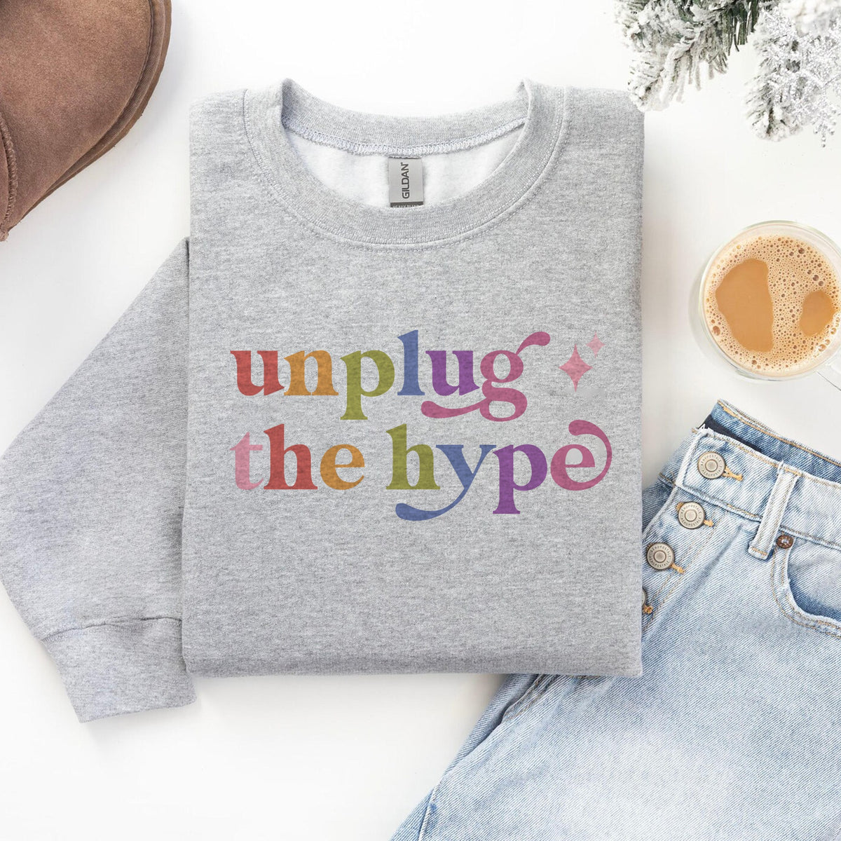 Unplug the Hype Care & Resist Gildan crewneck sweatshirt in Sport Grey