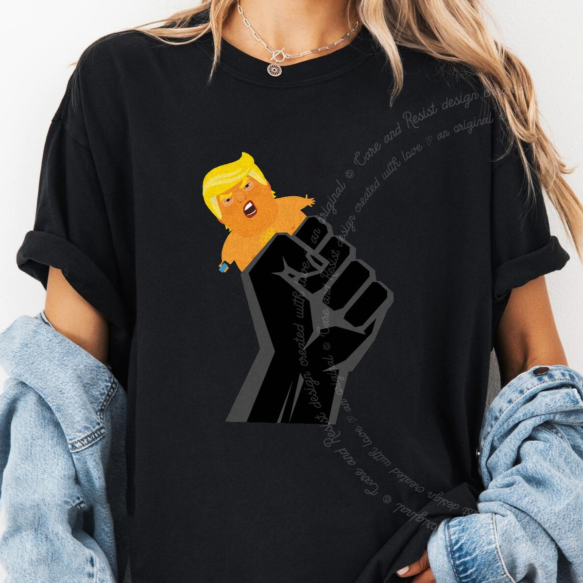 Resist Fist and Trump Blimp Care & Resist progressive t-shirt in Black