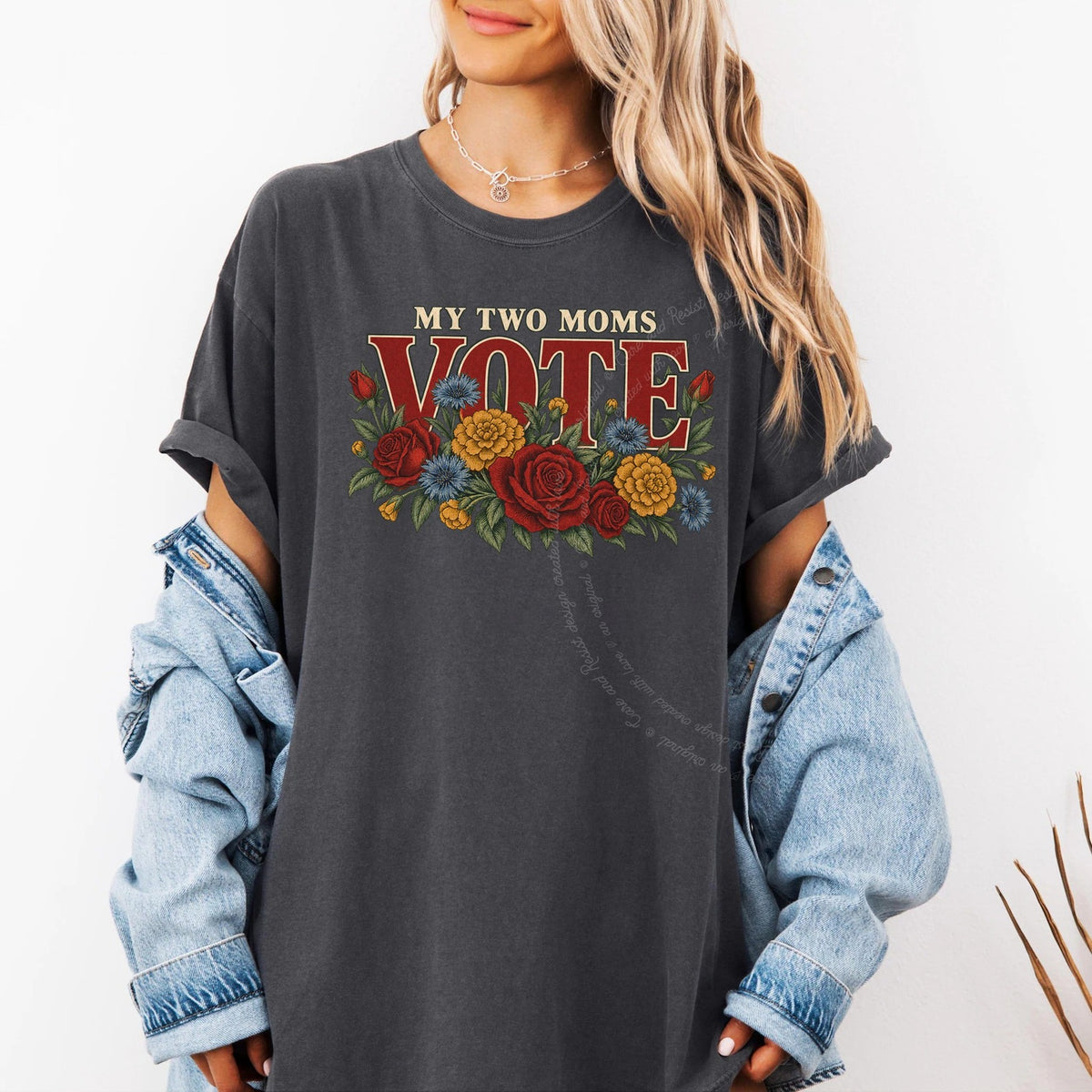 My Two Moms Vote Bouquet Care & Resist progressive t-shirt in Graphite