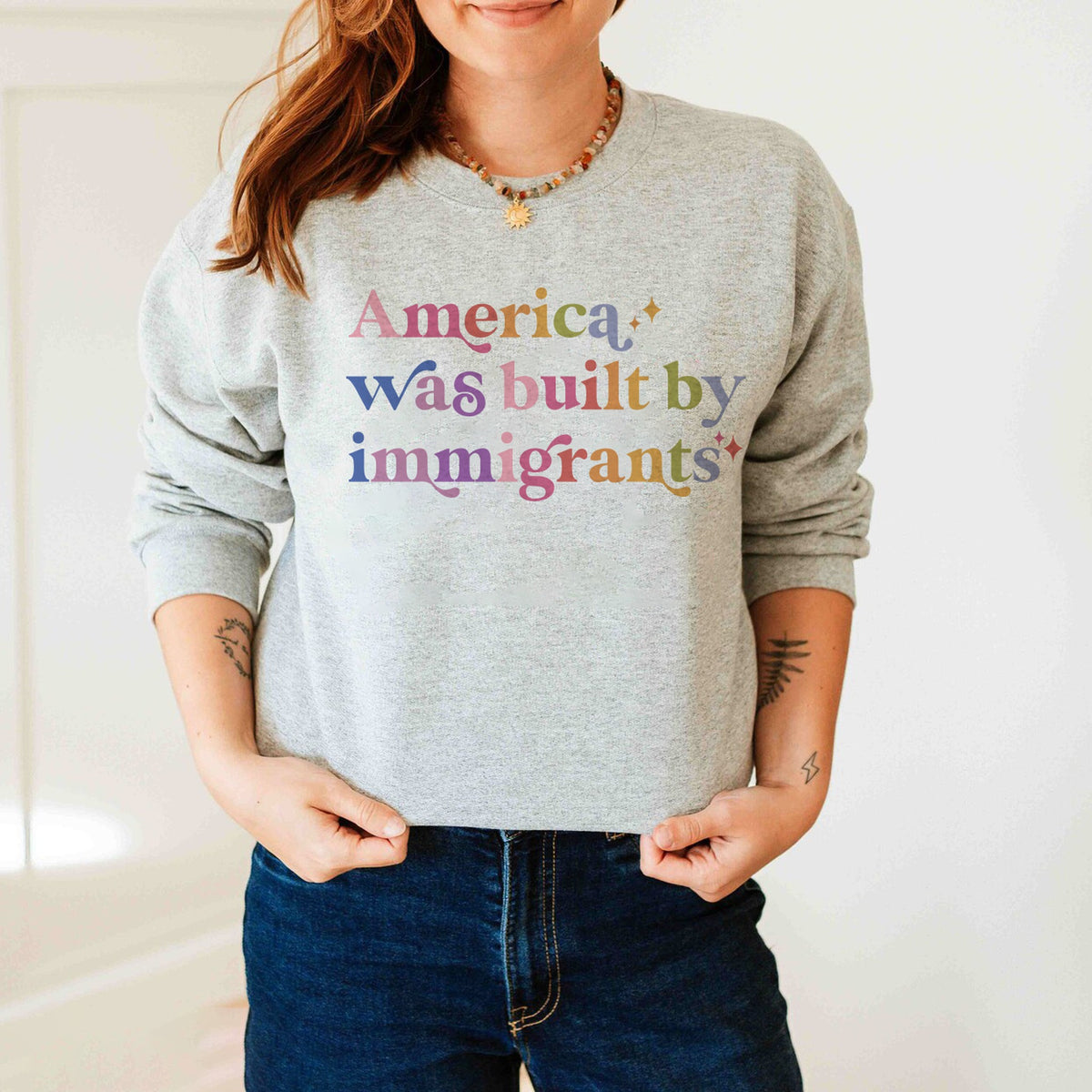America Was Built By Immigrants Care & Resist Gildan crewneck sweatshirt in Sport Grey