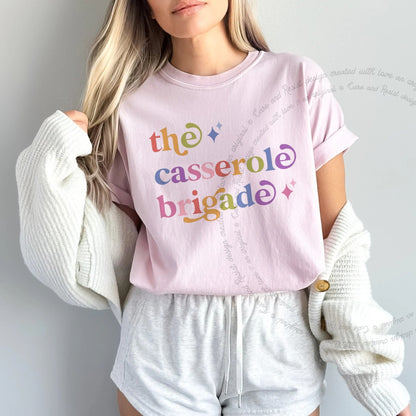 The Casserole Brigade Care & Resist rainbow tee