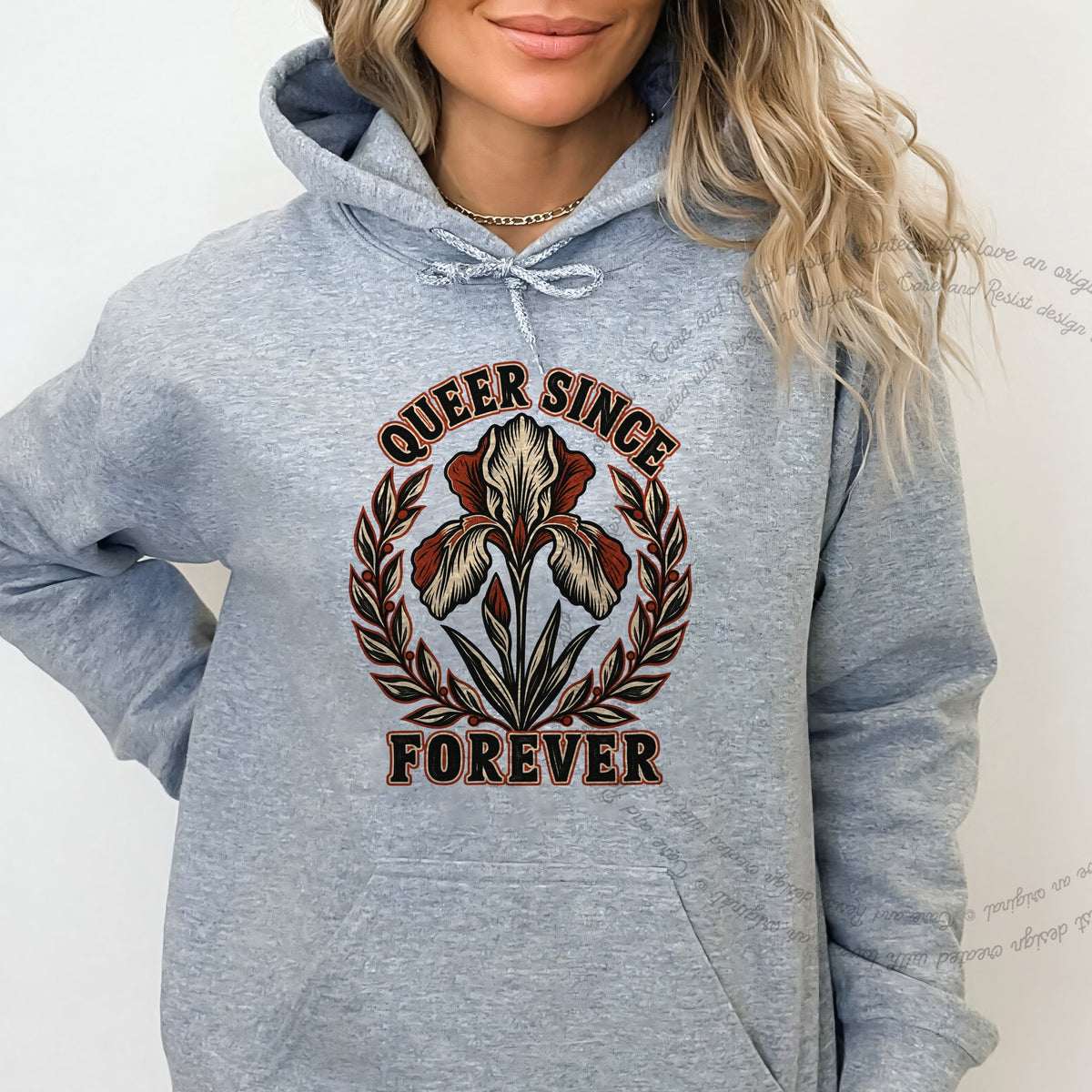 Queer Since Forever Iris Linocut Care & Resist Gildan hoodie in Sport Grey