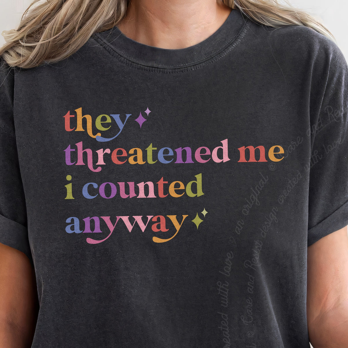 They Threatened Me I Counted Anyway Care & Resist progressive t-shirt in Graphite