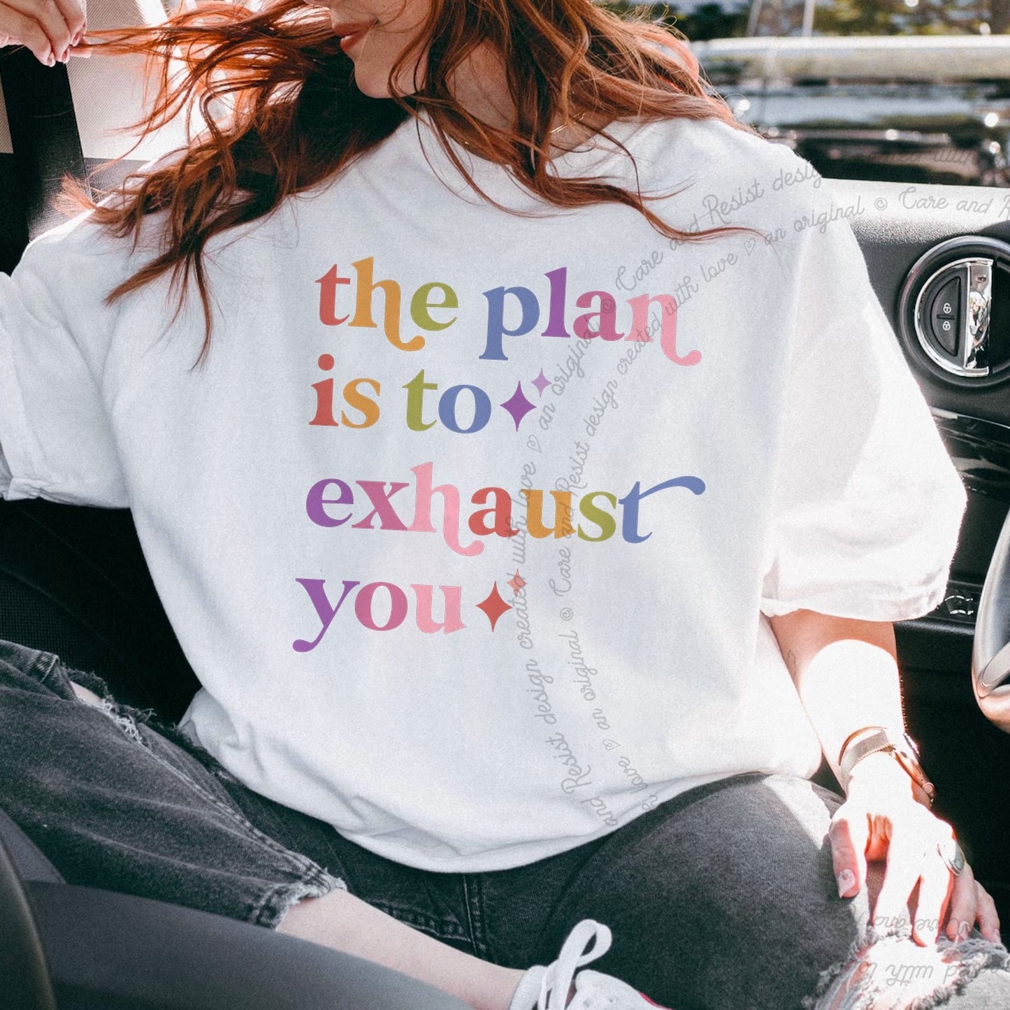 The Plan is to Exhaust You Care & Resist rainbow Comfort Colors tee, White