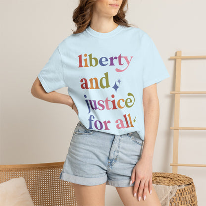 Liberty and Justice for All Care & Resist rainbow Comfort Colors tee