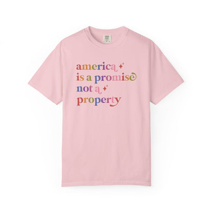 America is a Promise not a Property Care & Resist rainbow Comfort Colors tee