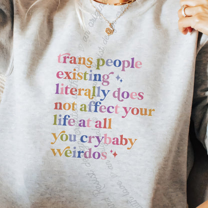Trans People Existing Literally Does Not Affect Your Life At All You Crybaby Weirdos Care & Resist Gildan crewneck sweatshirt in Sport Grey