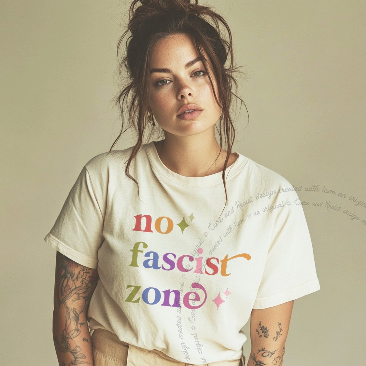 No Fascist Zone Care & Resist rainbow Comfort Colors tee, Ivory