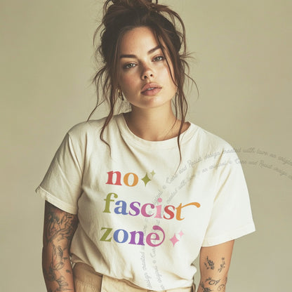 No Fascist Zone Care & Resist rainbow Comfort Colors tee, Ivory