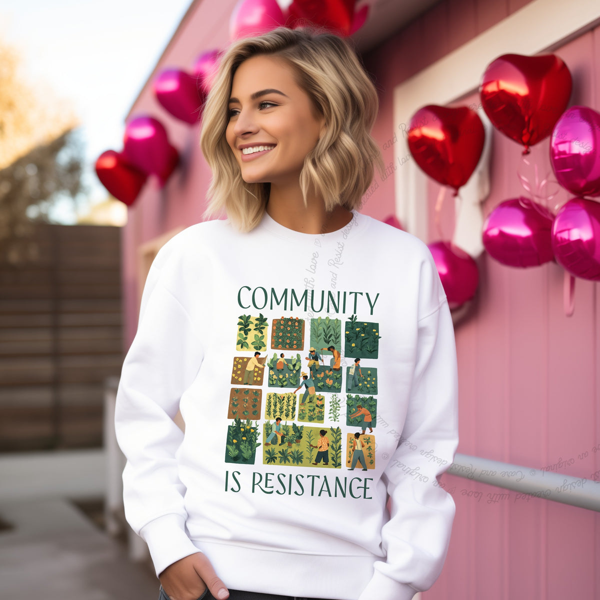 Community Is Resistance Garden Squares Care & Resist Gildan crewneck sweatshirt in White